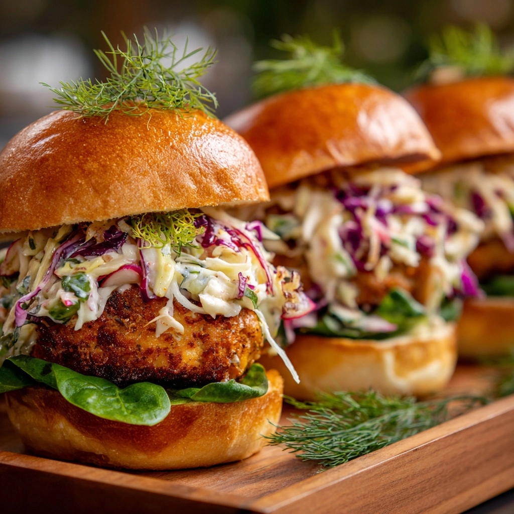 Crispy Salmon Sliders with Lemon Arugula Slaw Recipe - Recipe Image
