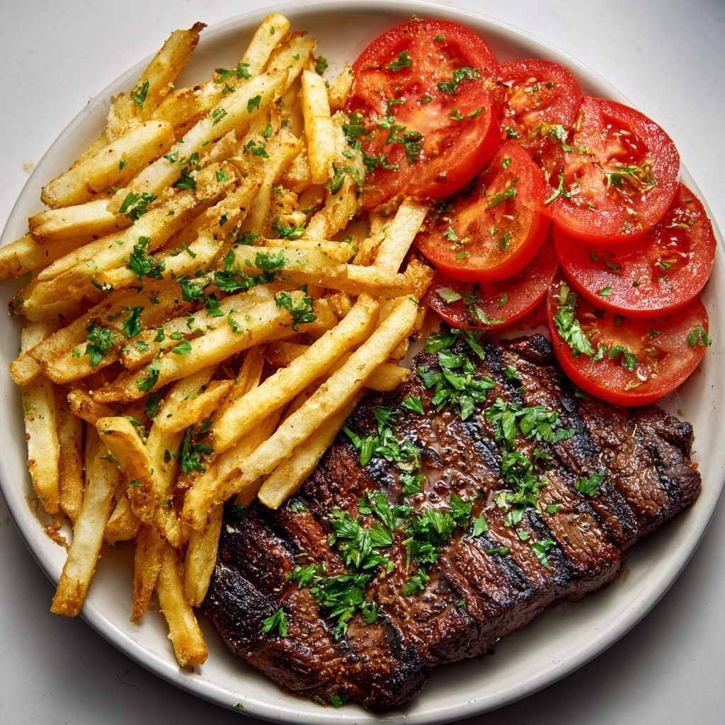 Grilled Steak with Tomato Salad and French Fries Recipe - Recipe Image