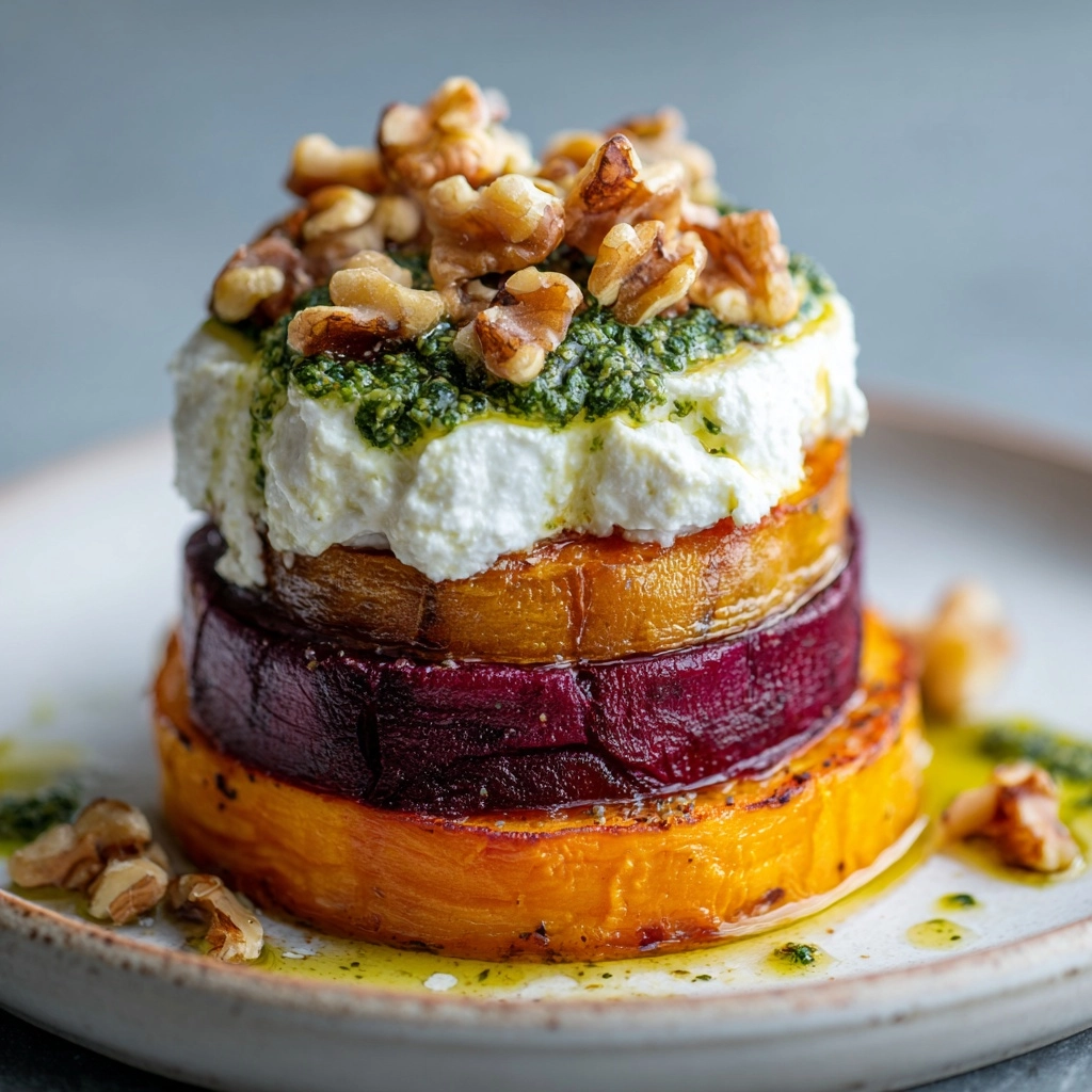 Sweet Potato & Beet Stacks with Pesto, Burrata & Walnuts Recipe - Recipe Image