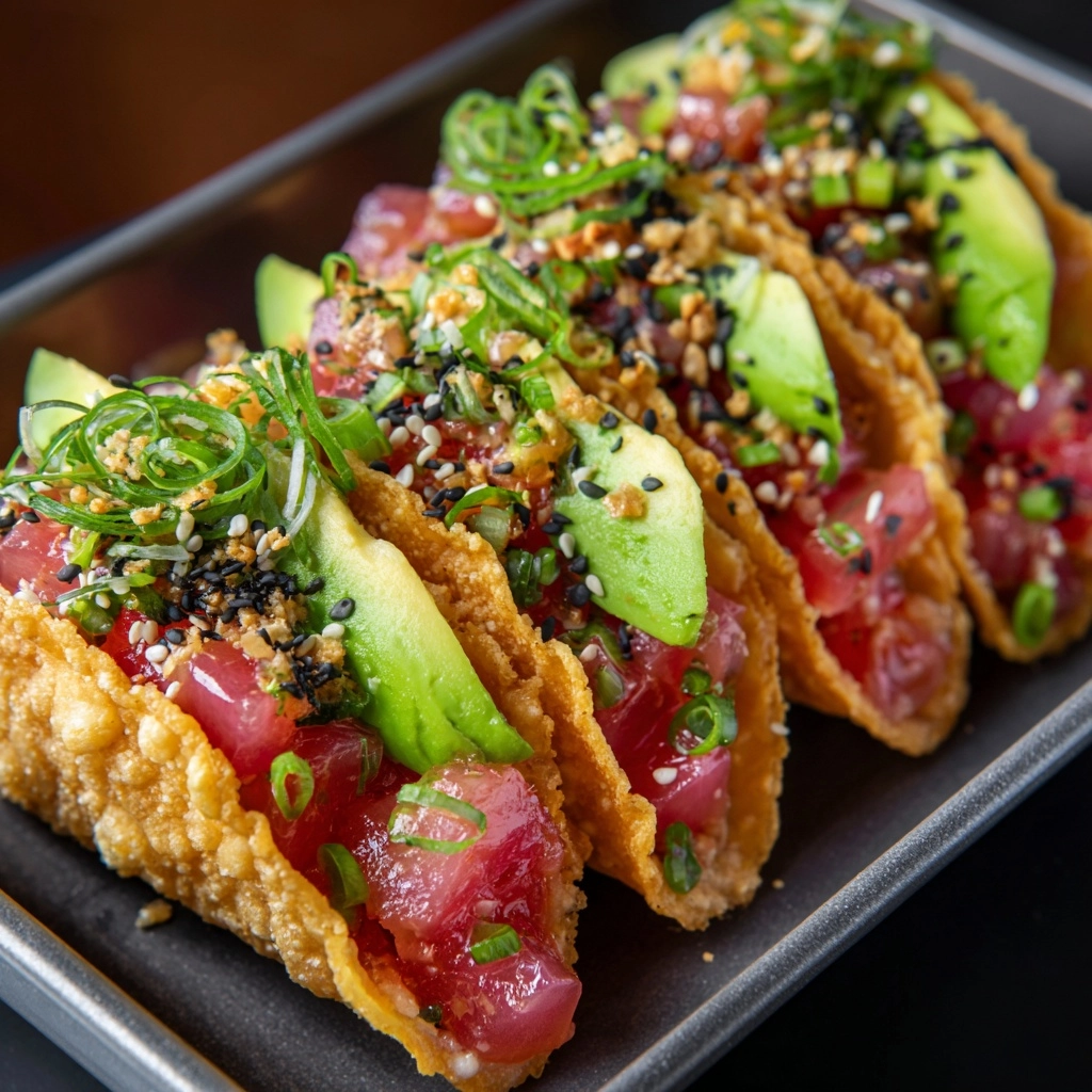 Spicy Tuna Tartare Wonton Tacos Recipe - Recipe Image