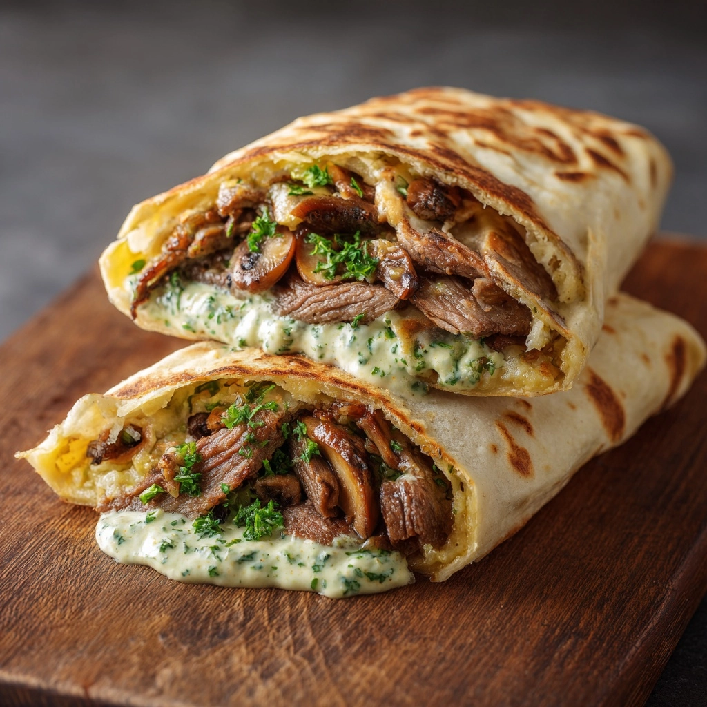 Cheesy Beef and Mushroom Pita Pockets with Tzatziki Sauce Recipe - Recipe Image