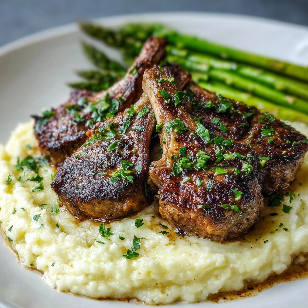Herb-Crusted Lamb Chops with Mashed Potatoes and Asparagus Recipe - Recipe Image