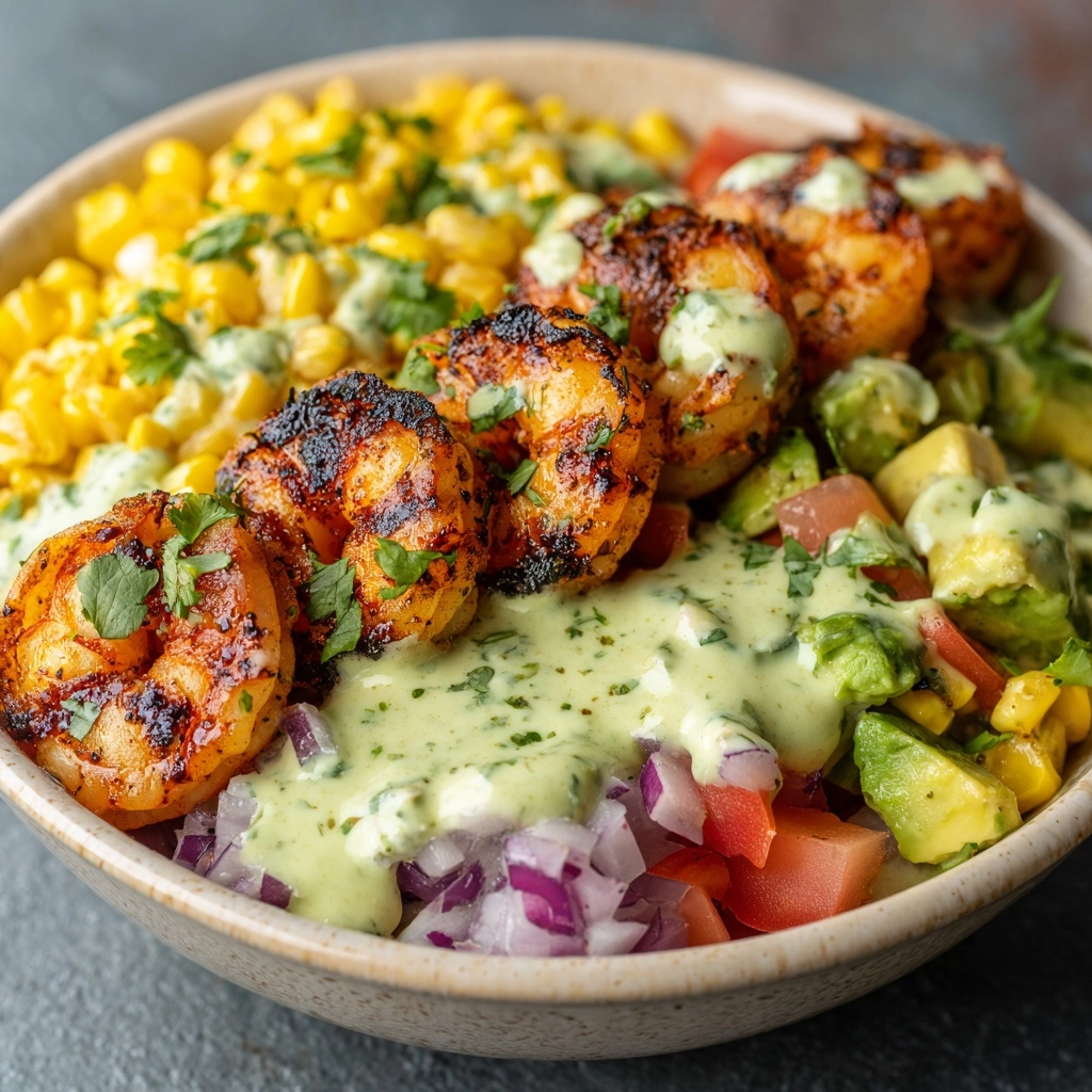 Grilled Shrimp Bowl with Avocado, Corn Salsa & Creamy Garlic Sauce Recipe - Recipe Image