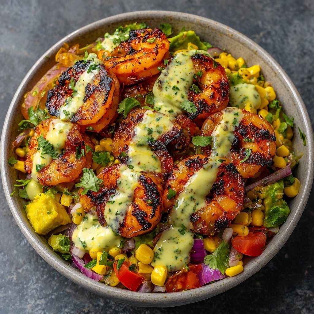 Grilled Shrimp Bowl with Avocado, Corn Salsa & Creamy Garlic Sauce Recipe - Recipe Image