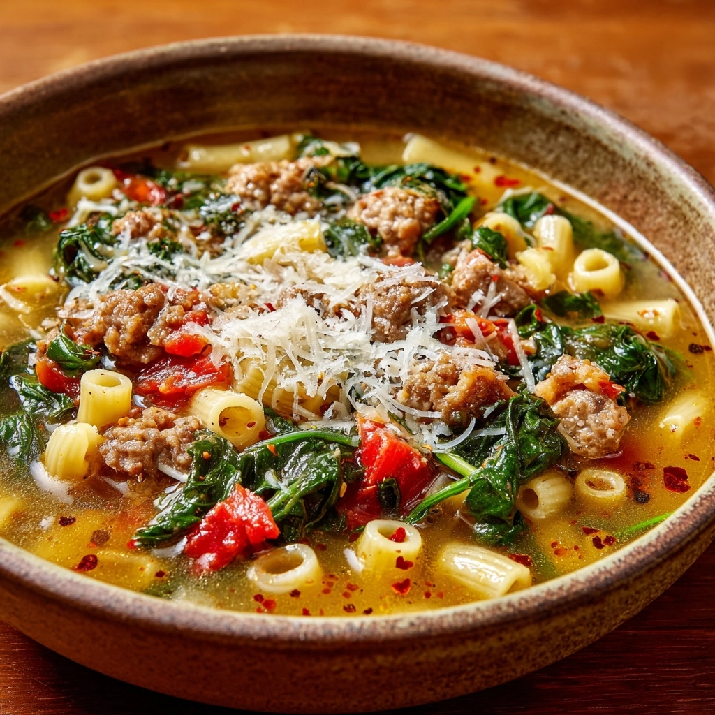 Italian Sausage Soup with Spinach and Pasta Recipe - Recipe Image