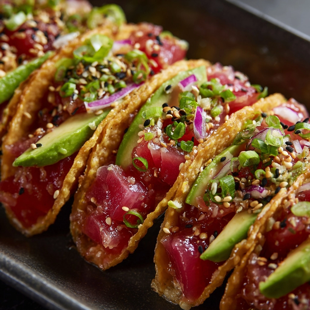 Spicy Tuna Tartare Wonton Tacos Recipe - Recipe Image