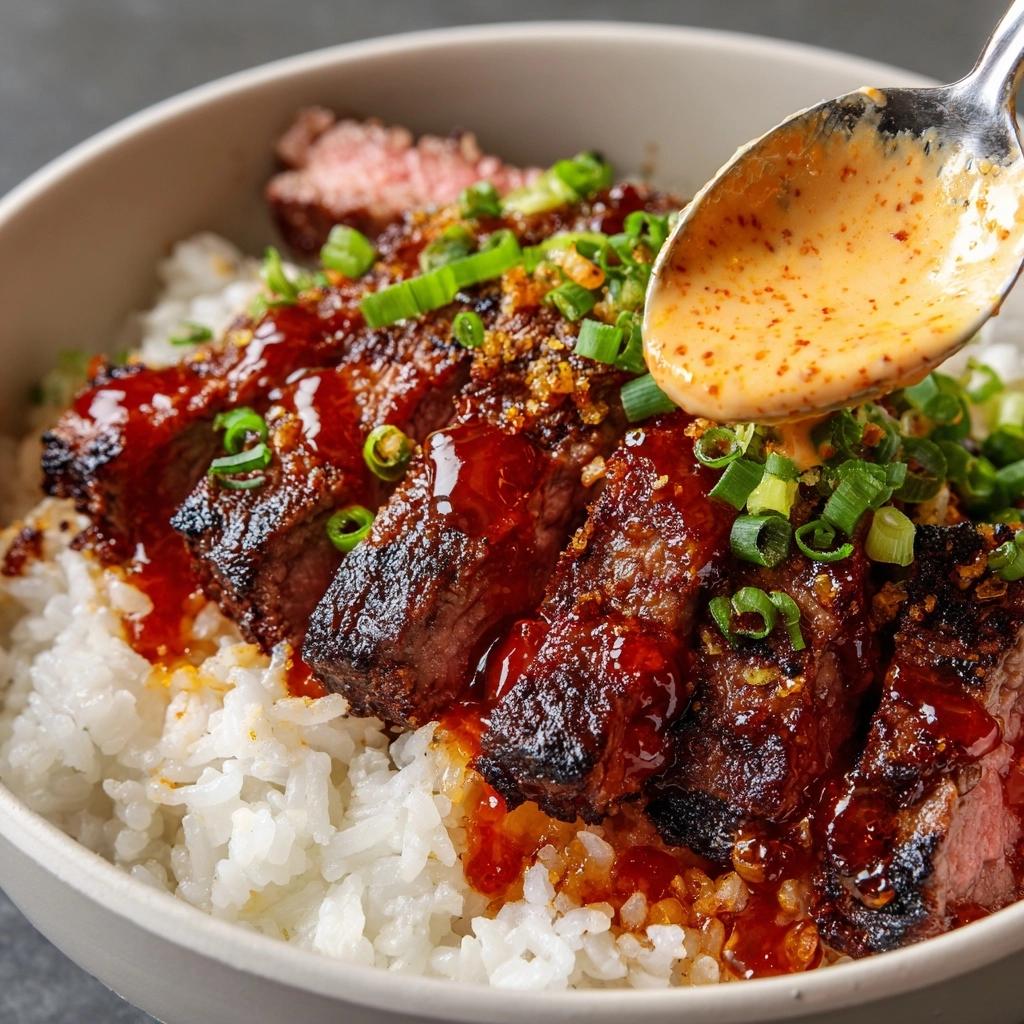 Korean BBQ Steak Rice Bowls with Spicy Cream Sauce Recipe - Recipe Image