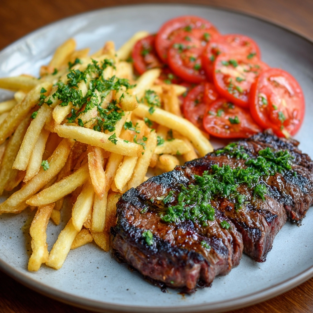 Grilled Steak with Tomato Salad and French Fries Recipe - Recipe Image