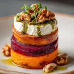 Sweet Potato & Beet Stacks with Pesto, Burrata & Walnuts Recipe