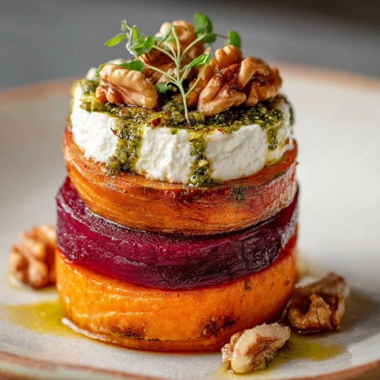 Sweet Potato & Beet Stacks with Pesto, Burrata & Walnuts Recipe