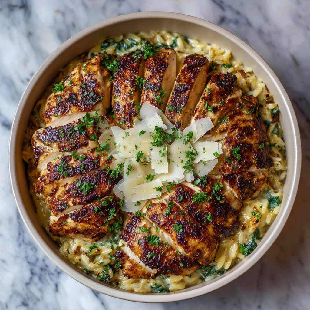 Creamy Parmesan Orzo with Chicken and Asparagus Recipe - Recipe Image