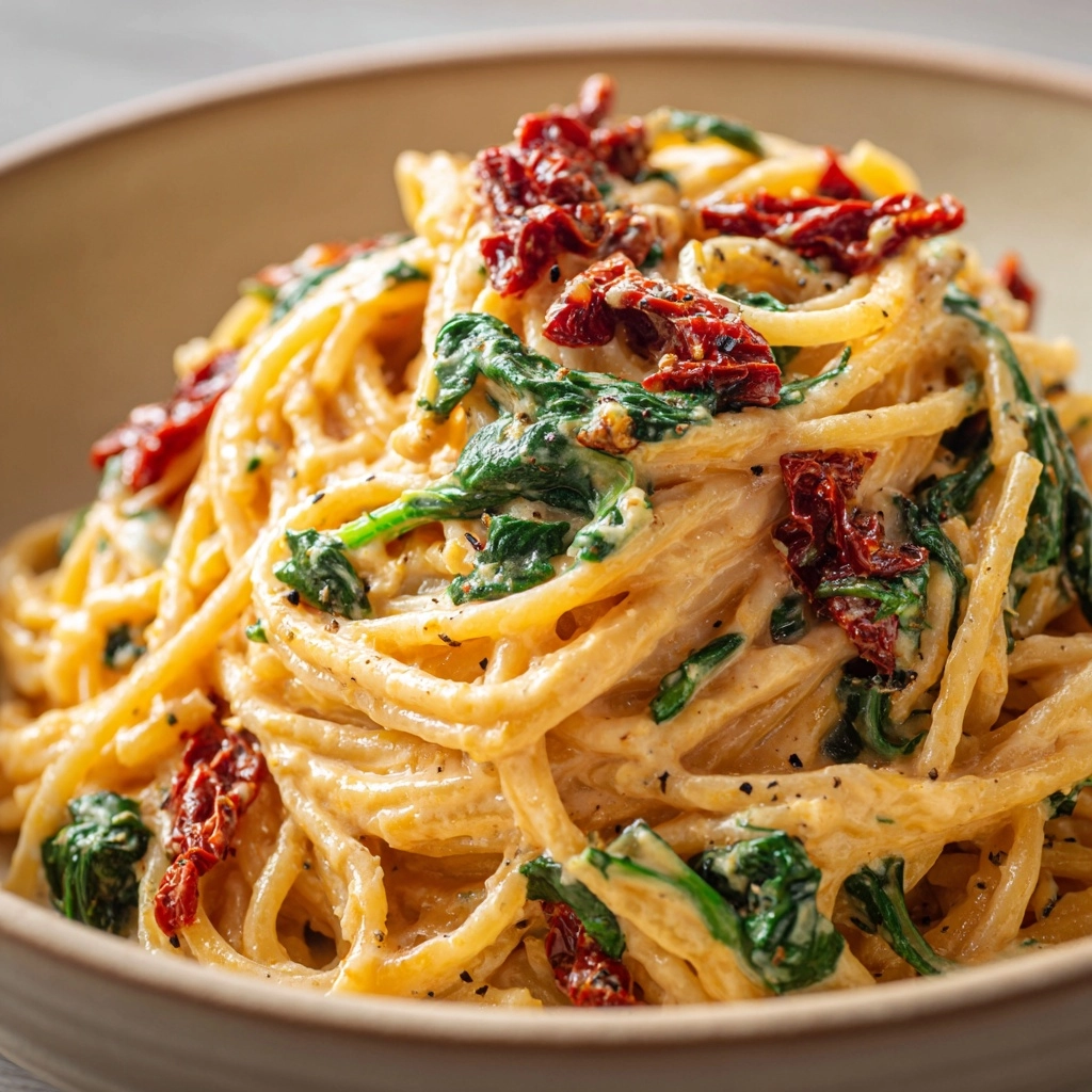 Spaghetti & Spinach with Sun-Dried Tomato Cream Sauce Recipe - Recipe Image