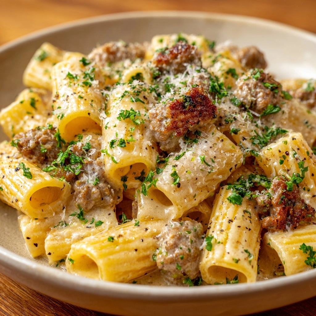 Creamy Garlic Sausage Alfredo Rigatoni Recipe - Recipe Image