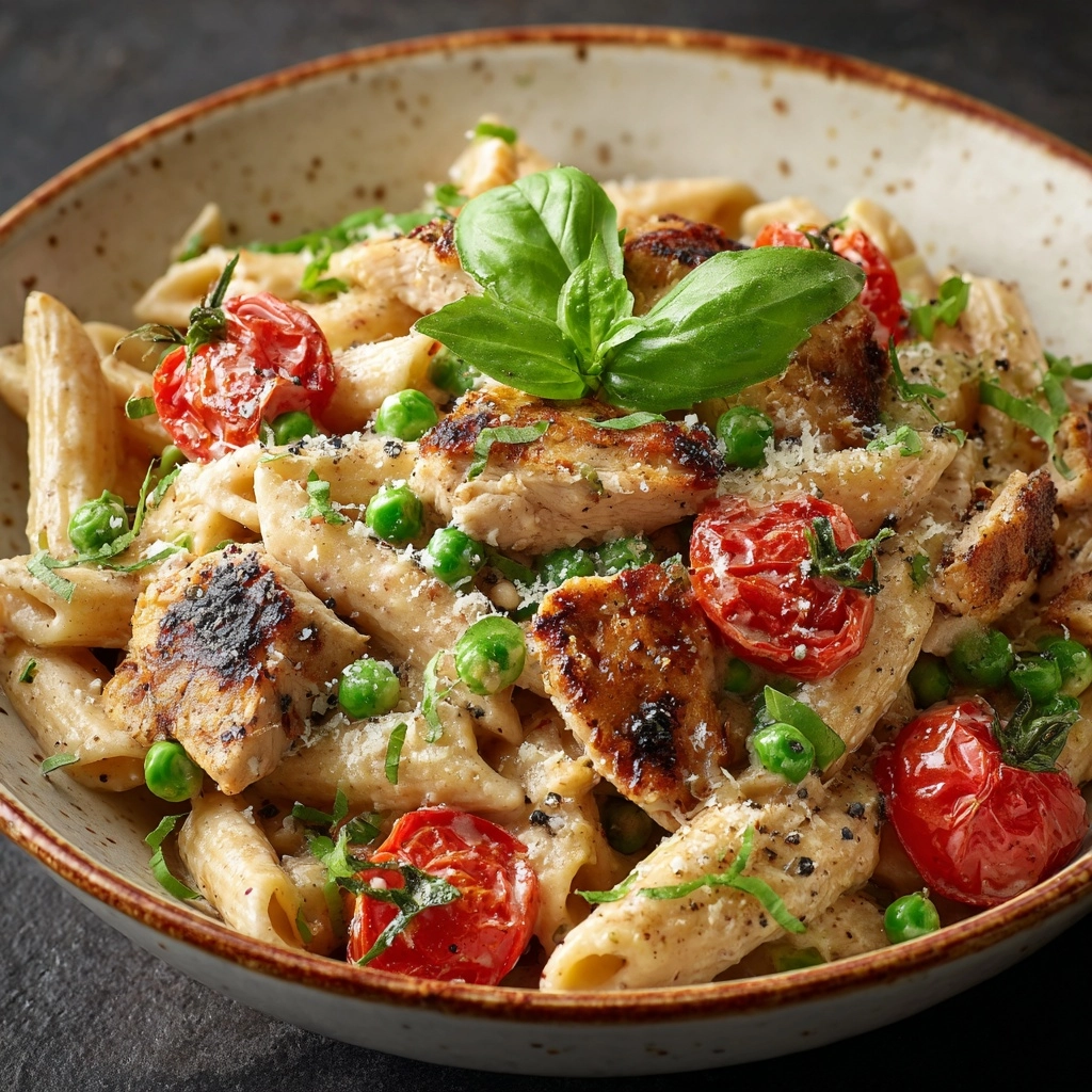 Creamy Chicken and Pea Carbonara Pasta Recipe - Recipe Image