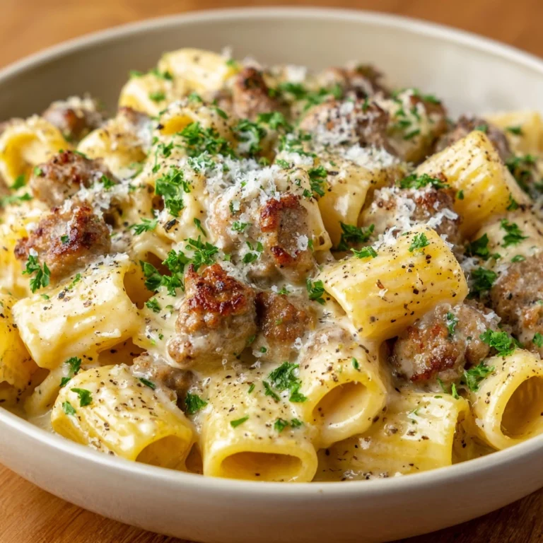 Creamy Garlic Sausage Alfredo Rigatoni Recipe