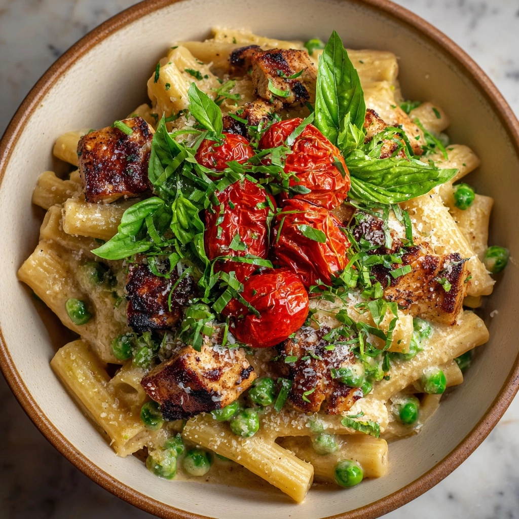 Creamy Chicken and Pea Carbonara Pasta Recipe - Recipe Image