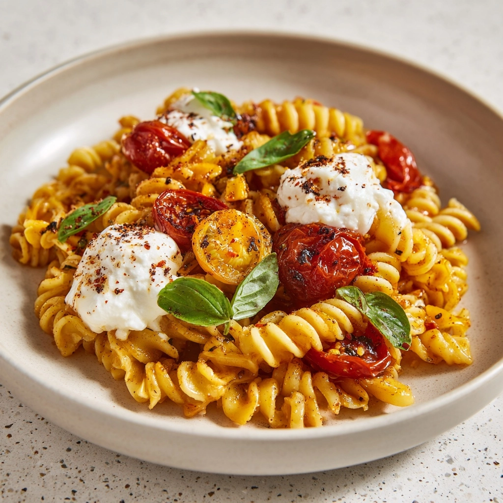 Summer Weeknight Burst Tomato Burrata Pasta Recipe - Recipe Image