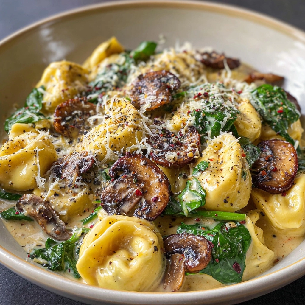 Creamy Parmesan Mushroom and Spinach Tortellini Soup Recipe - Recipe Image