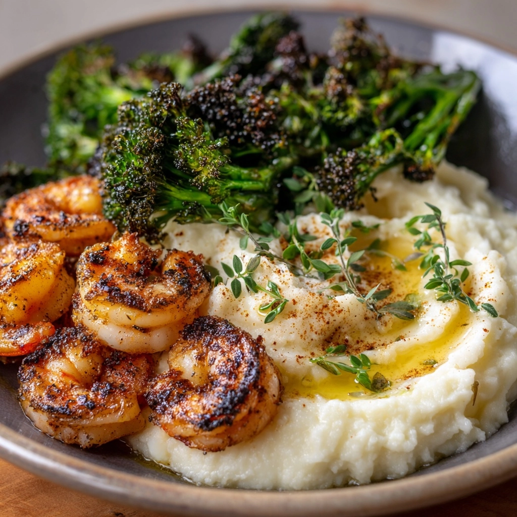 Cajun Shrimp with Mashed Potatoes and Roasted Broccolini Recipe - Recipe Image