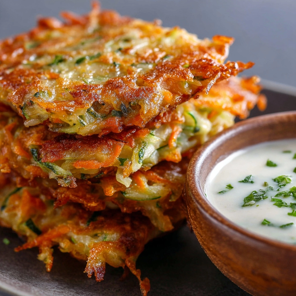 Crispy Vegetable Fritters with Creamy Garlic Tzatziki Recipe - Recipe Image