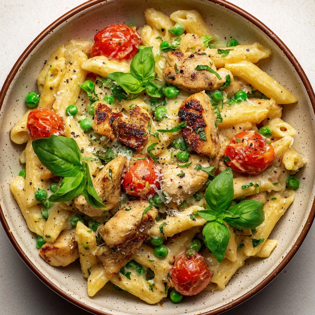 Creamy Chicken and Pea Carbonara Pasta Recipe - Recipe Image