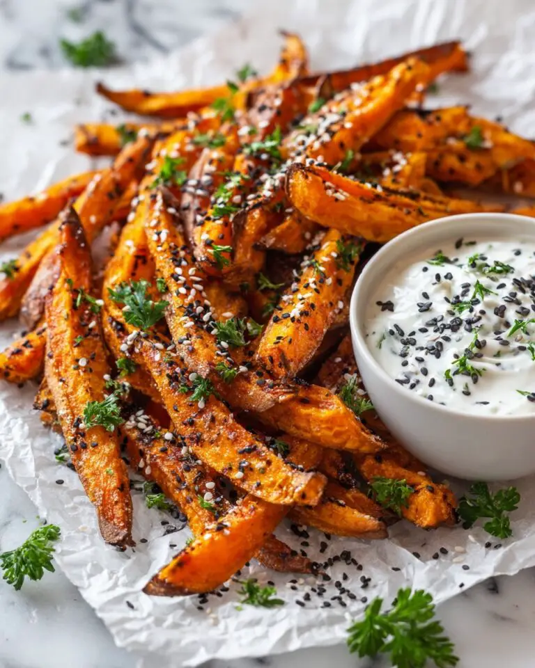 Crispy Baked Sweet Potato Fries with Roasted Garlic Tahini Yogurt Dip Recipe