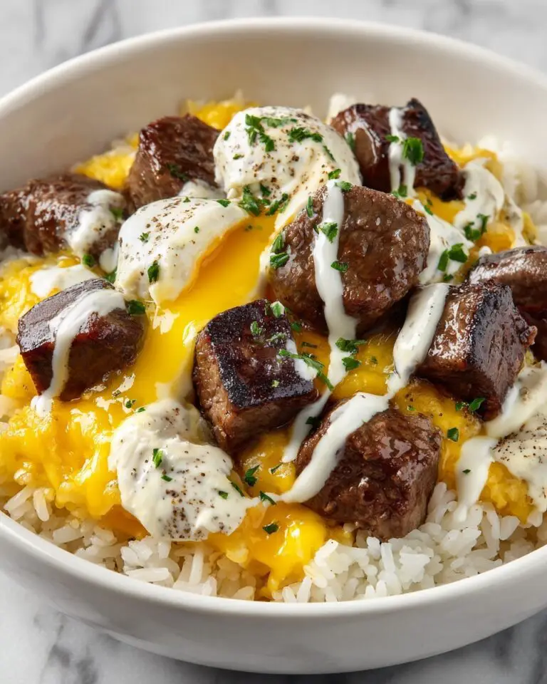 Garlic Butter Beef and Rice Skillet with Cheddar Parmesan Sauce Recipe