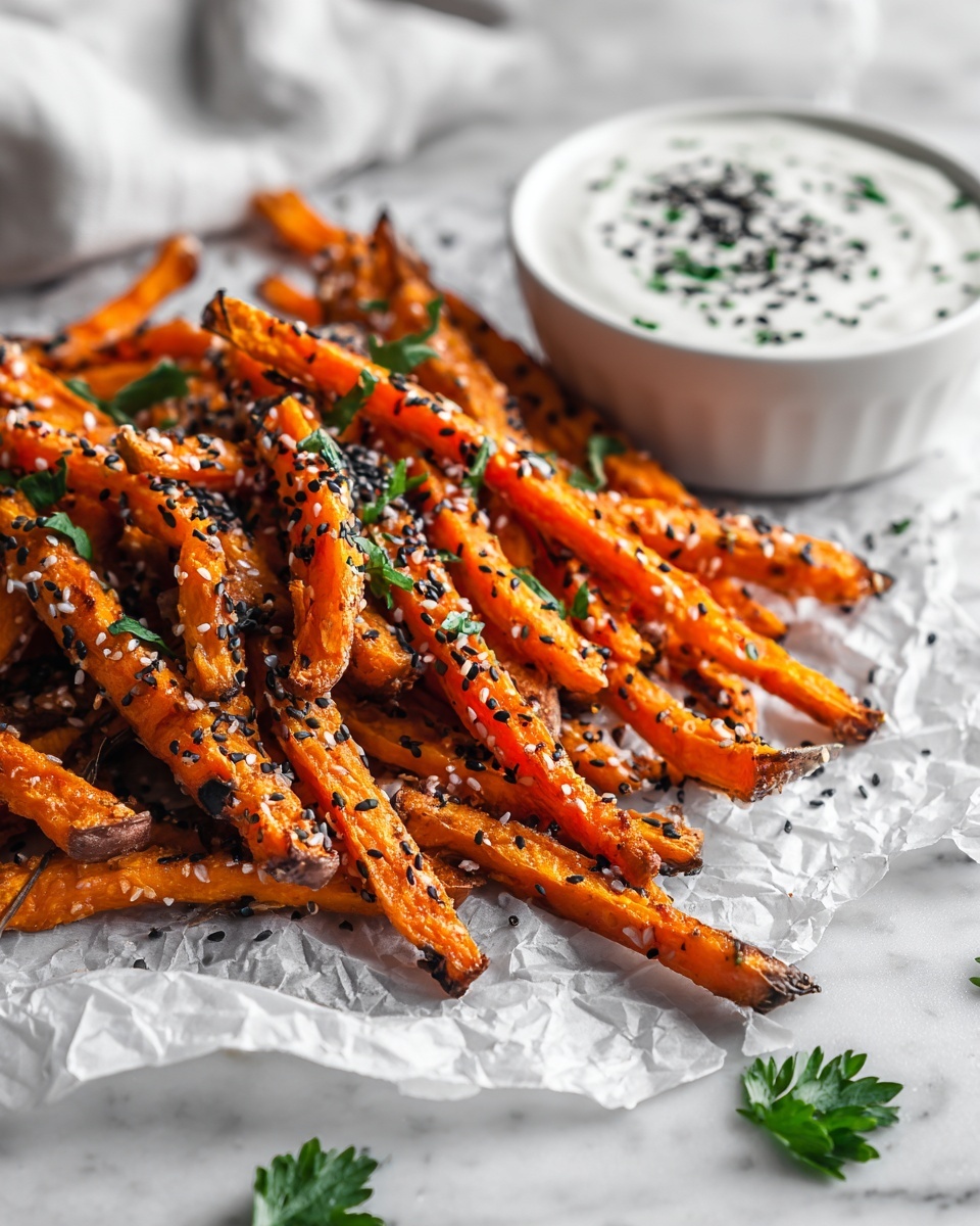 Crispy Baked Sweet Potato Fries with Roasted Garlic Tahini Yogurt Dip Recipe - Recipe Image