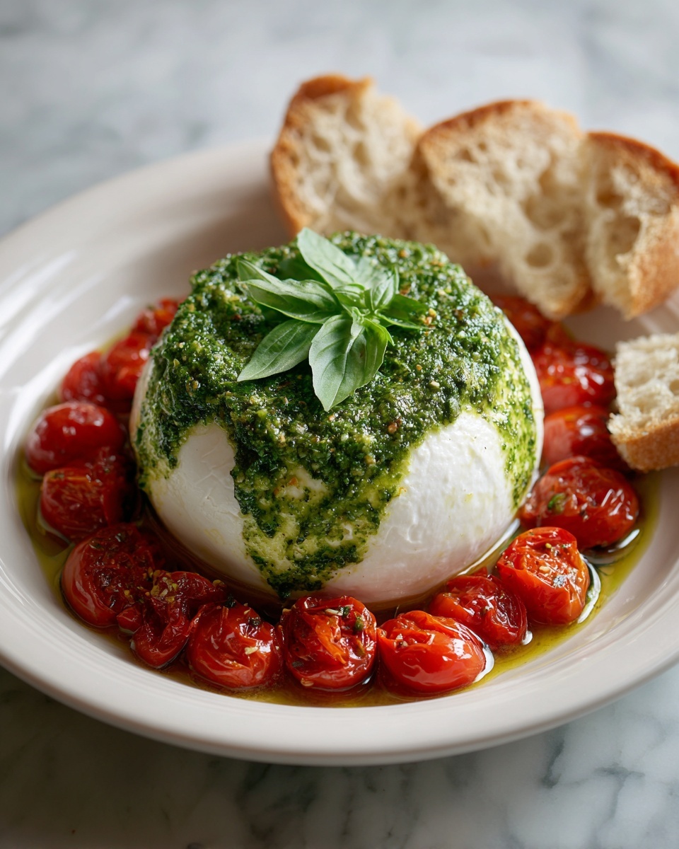 Pesto Burrata Appetizer with Roasted Tomatoes and Balsamic Glaze Recipe - Recipe Image