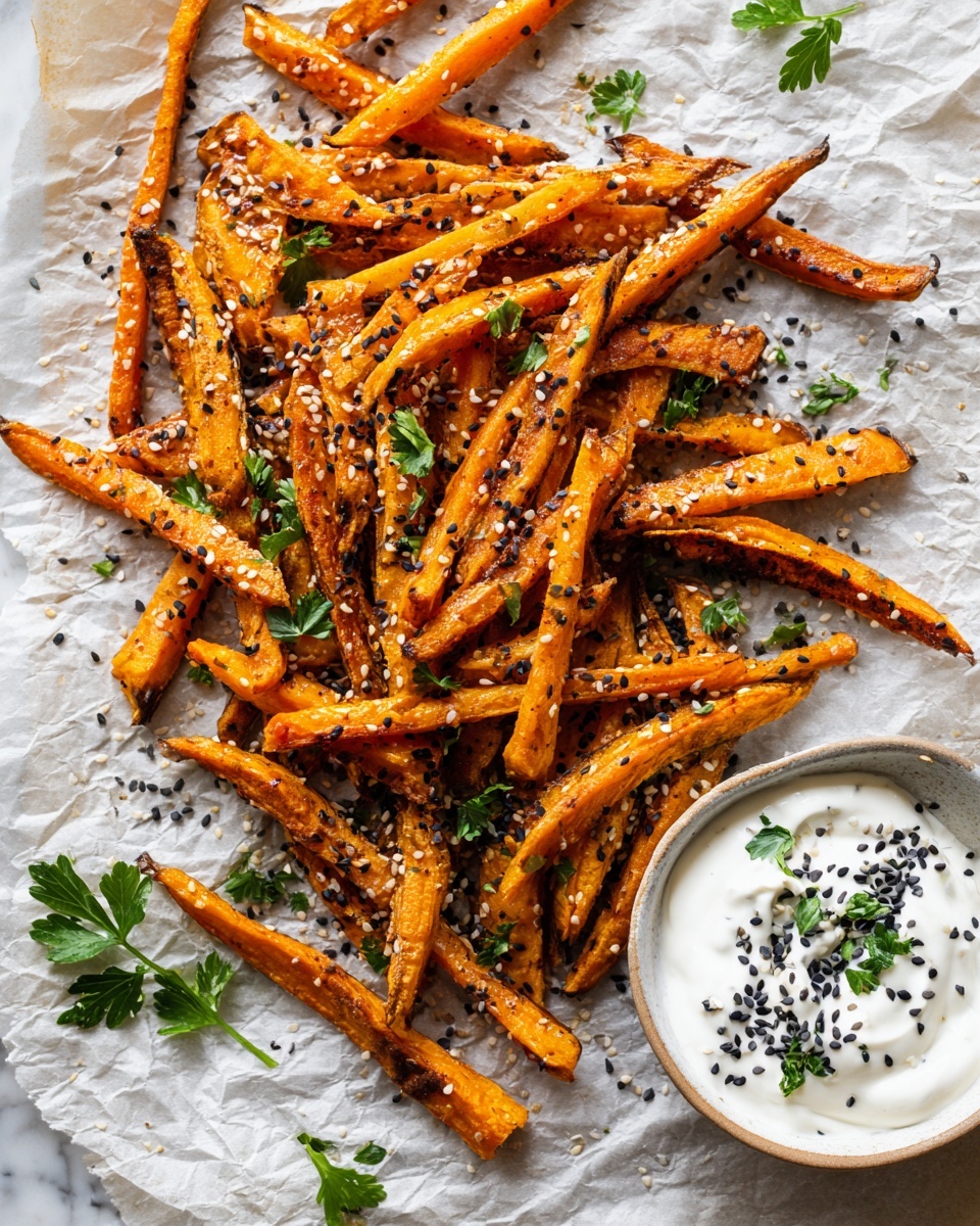 Crispy Baked Sweet Potato Fries with Roasted Garlic Tahini Yogurt Dip Recipe - Recipe Image