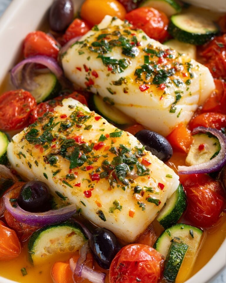 Mediterranean Baked Fish with Cherry Tomatoes, Olives, and Herbs Recipe