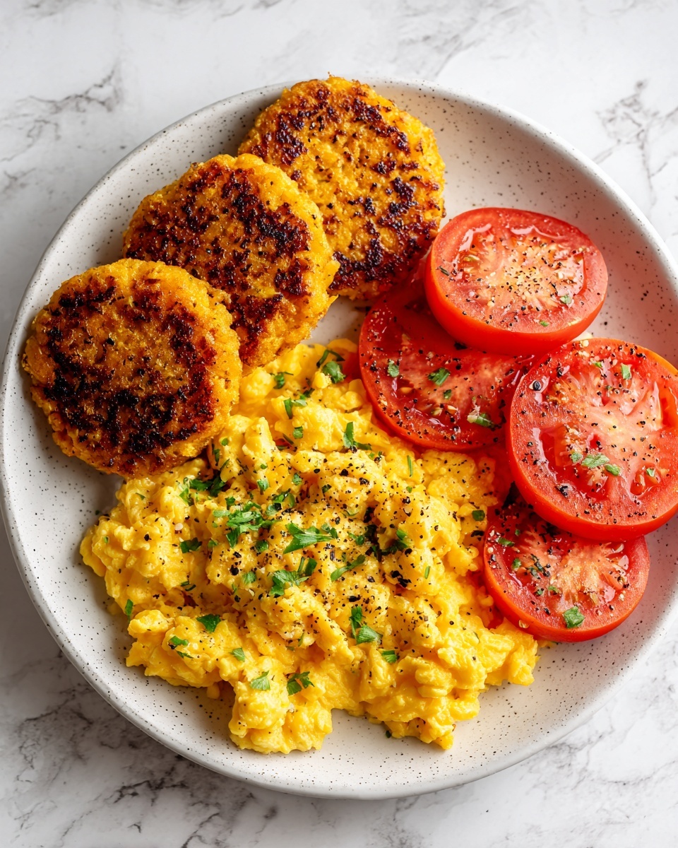 Breakfast Feast with Scrambled Eggs, Sausage Patties, Biscuits, and Tomatoes Recipe - Recipe Image