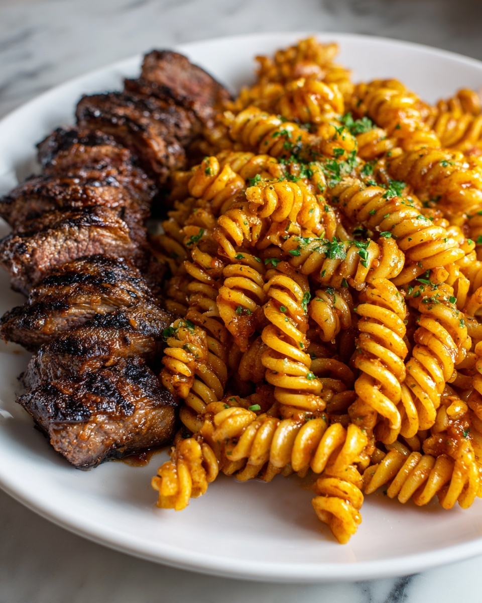 Steak Bites and Rotini in Garlic Parmesan Sauce Recipe - Recipe Image