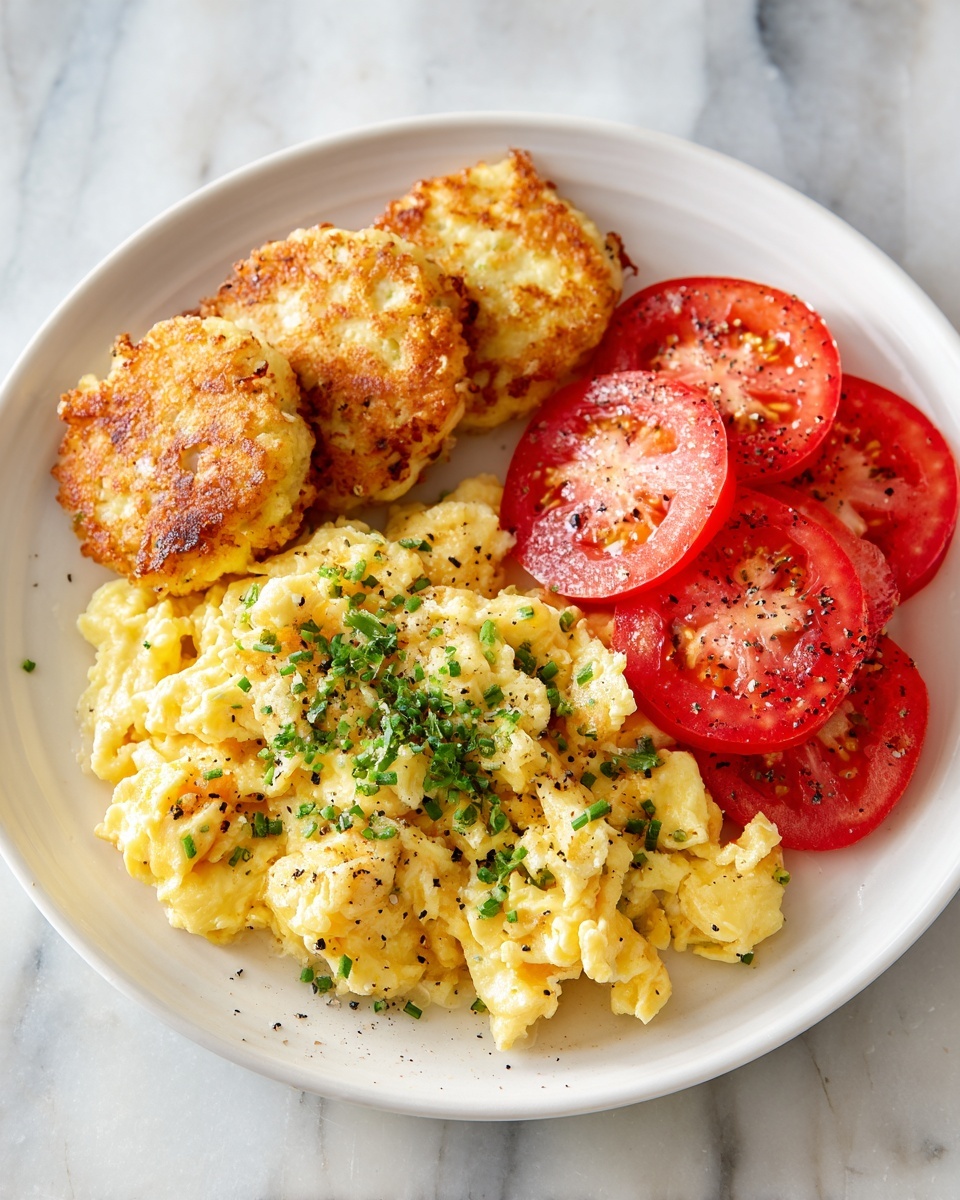Breakfast Feast with Scrambled Eggs, Sausage Patties, Biscuits, and Tomatoes Recipe - Recipe Image