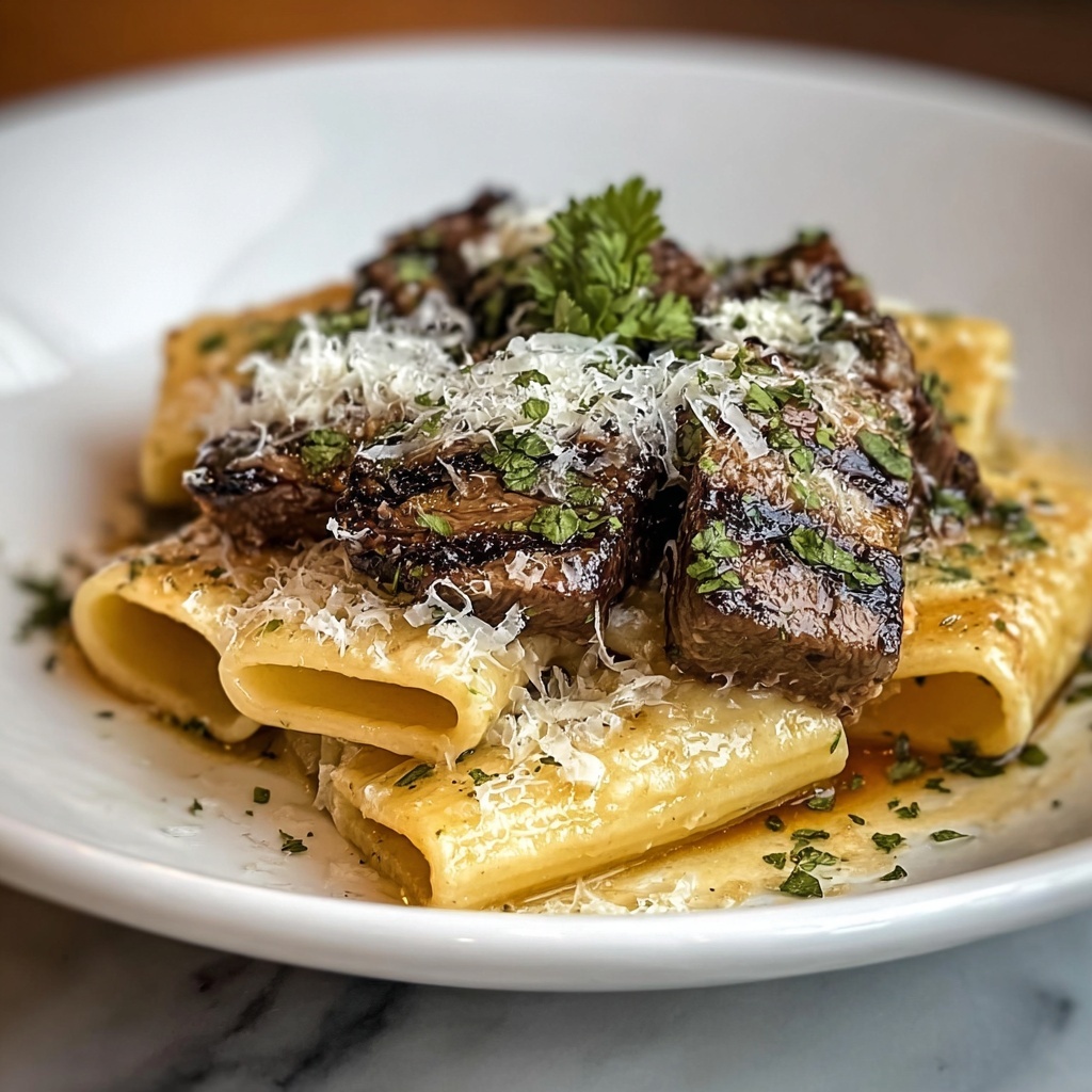 Garlic Butter Steak Tips with Cheesy Rigatoni Recipe - Recipe Image