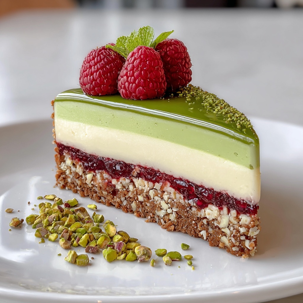 Elegant Pistachio Raspberry Crunch Cheesecake Recipe - Recipe Image