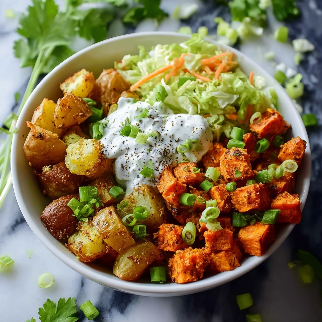 Buffalo Chicken Bowl with Crispy Potatoes and Shaved Brussels Sprouts Recipe - Recipe Image