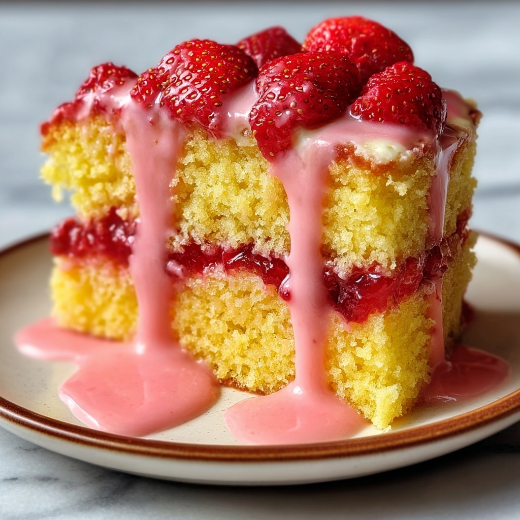 Strawberry Lemon Crunch Cake Slice with Strawberry Red Cream Cheese Icing Recipe - Recipe Image