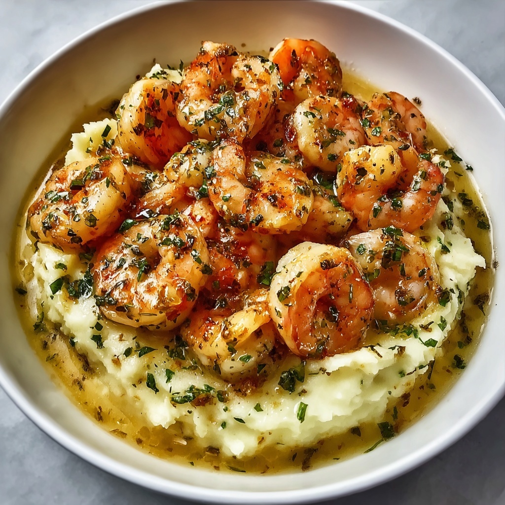 Garlic Shrimp with Creamy Parmesan Sauce over Mashed Potatoes Recipe - Recipe Image