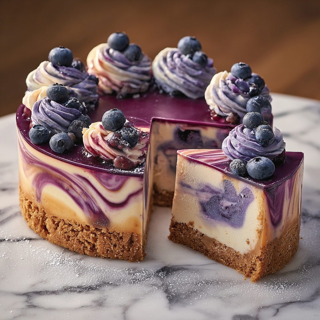 Elegant White Chocolate Blueberry Swirl Cheesecake Recipe - Recipe Image