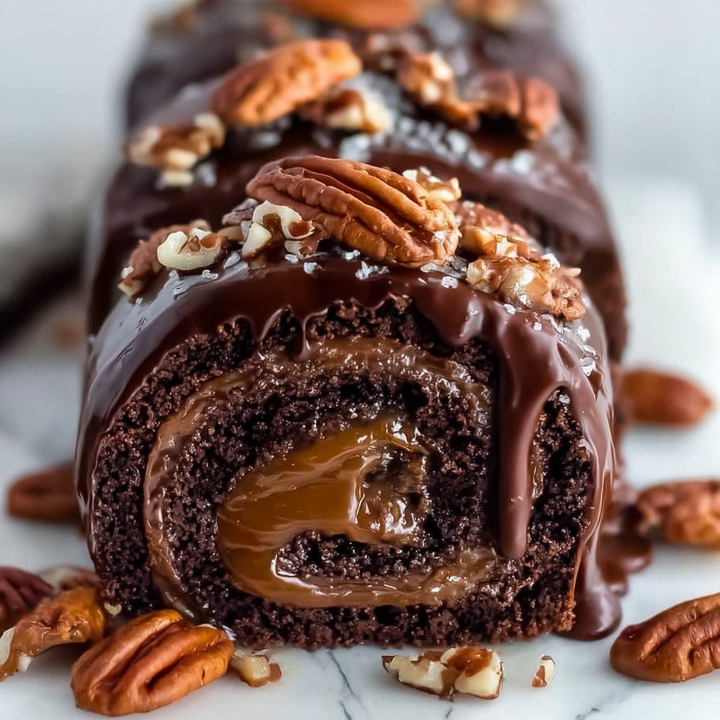 Gooey Chocolate Caramel Turtle Cake Roll Recipe - Recipe Image