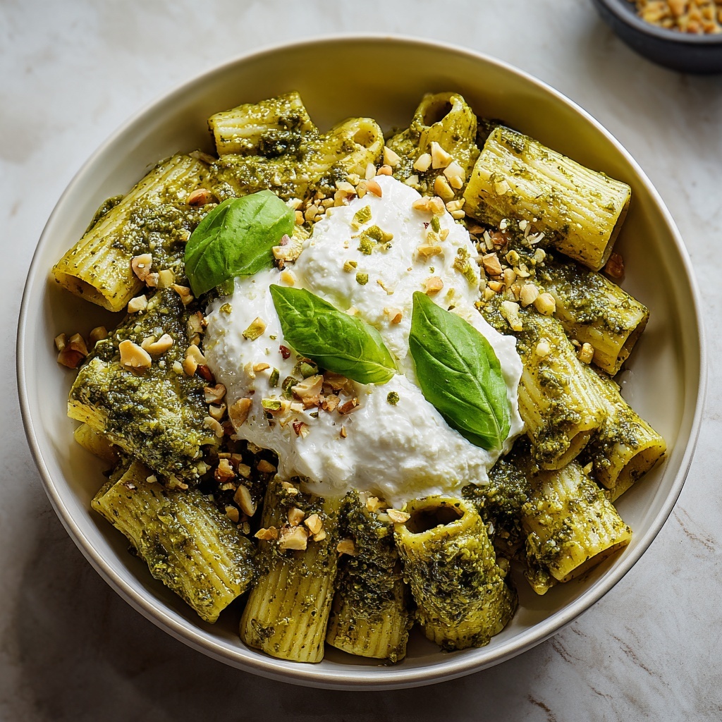 Creamy One Pot Rigatoni with Basil-Pistachio Pesto & Burrata Recipe - Recipe Image
