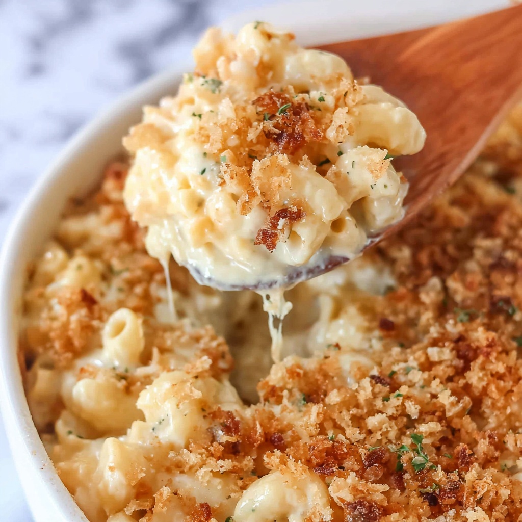 Creamy Three-Cheese Baked Mac and Cheese with Crispy Parmesan Breadcrumbs Recipe - Recipe Image