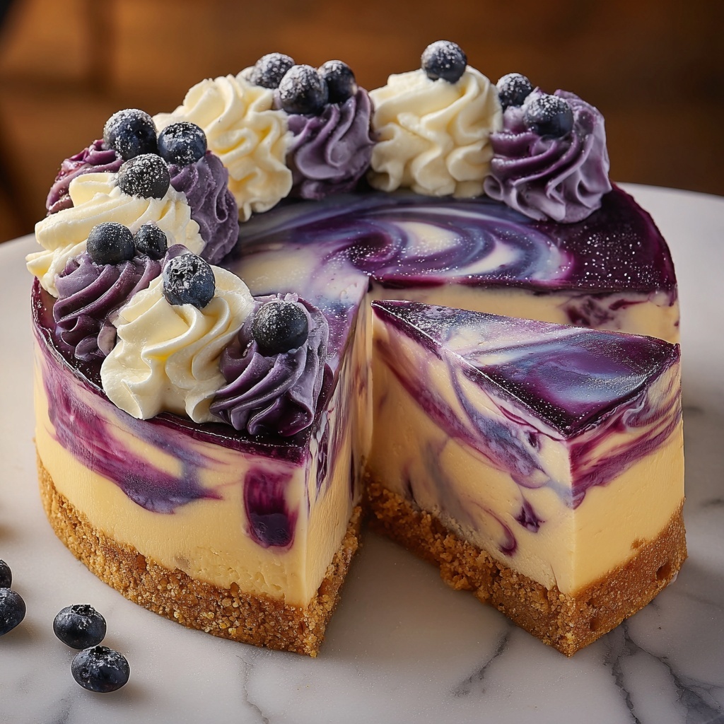 Elegant White Chocolate Blueberry Swirl Cheesecake Recipe - Recipe Image