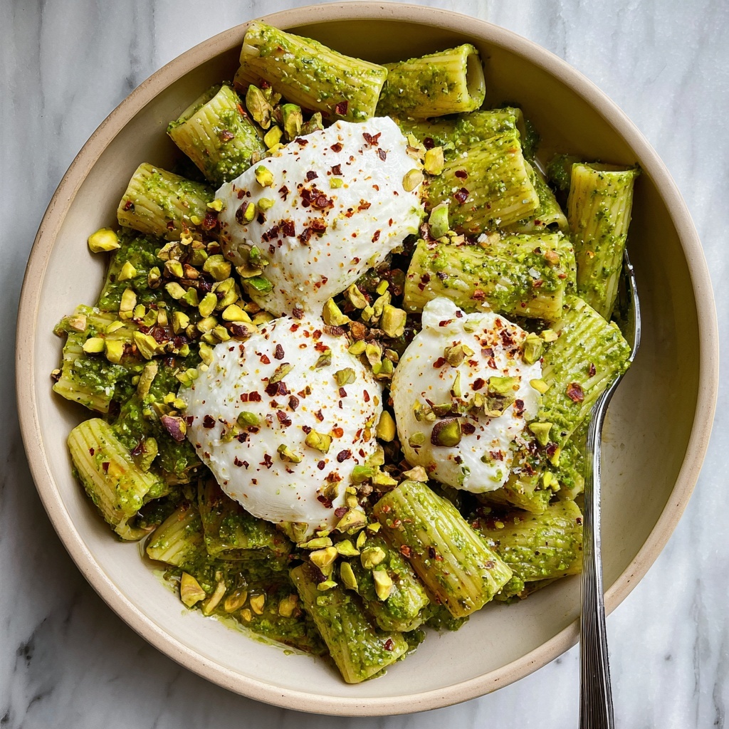 Creamy One-Pot Rigatoni with Basil Pistachio Pesto & Burrata Recipe - Recipe Image