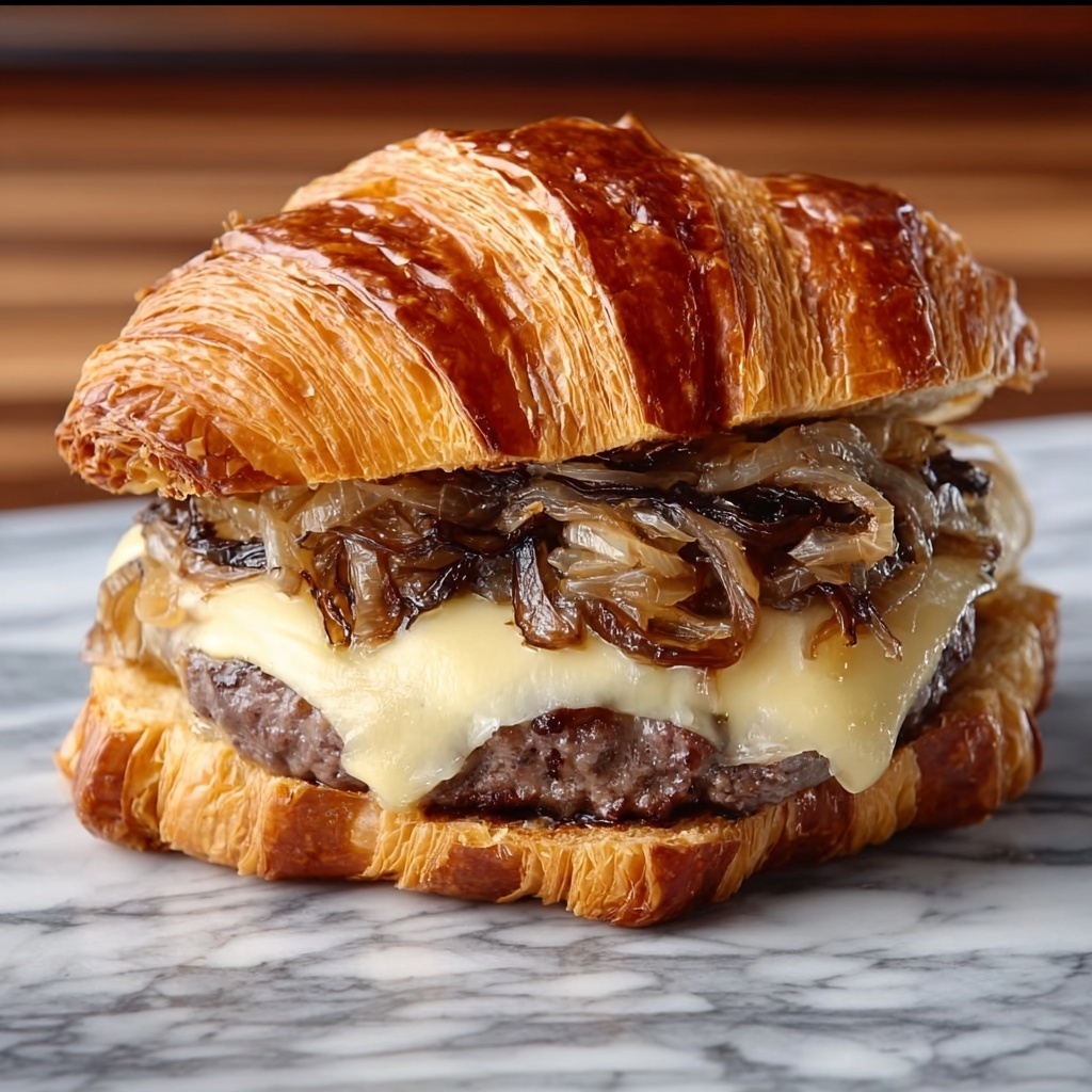 French Onion Croissant Burger Recipe - Recipe Image