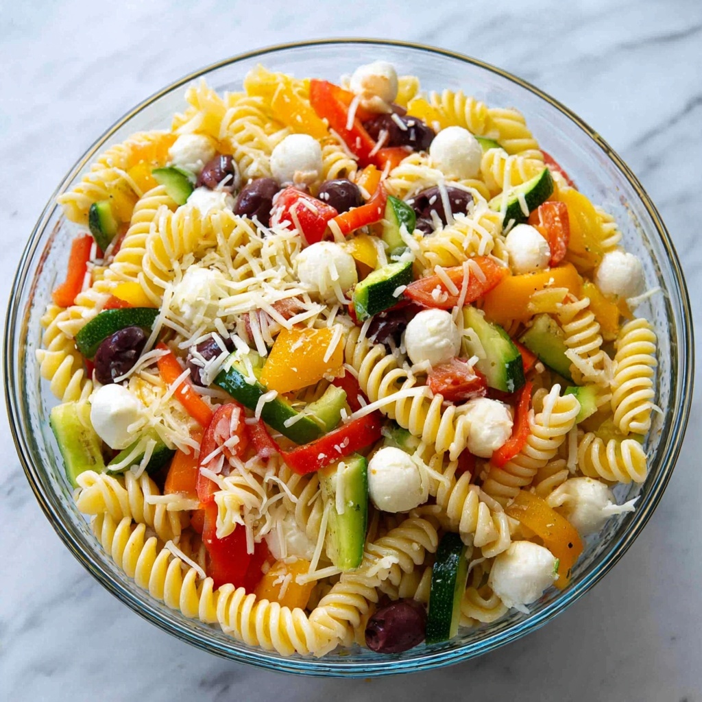 Pasta Salad with Cherry Tomatoes, Cucumber, Bell Peppers, and Cheese Recipe - Recipe Image
