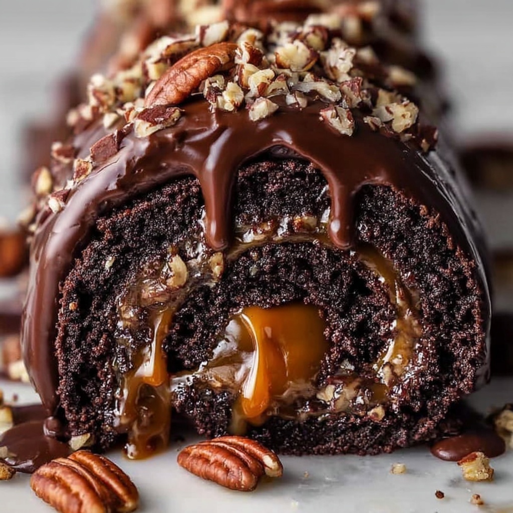 Gooey Chocolate Caramel Turtle Cake Roll Recipe - Recipe Image