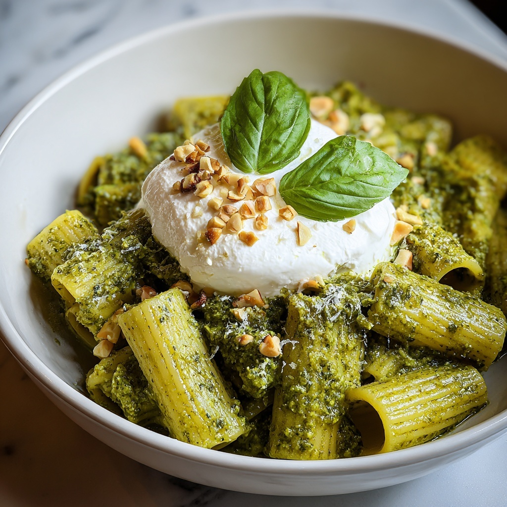Creamy One Pot Rigatoni with Basil-Pistachio Pesto & Burrata Recipe - Recipe Image