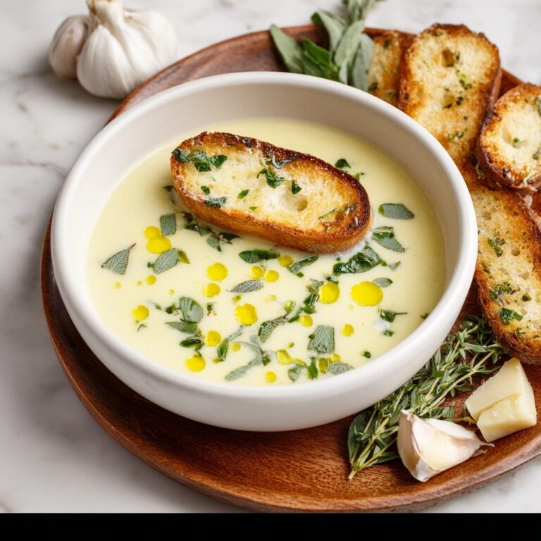 French Garlic Soup with Cheesy Crostinis Recipe